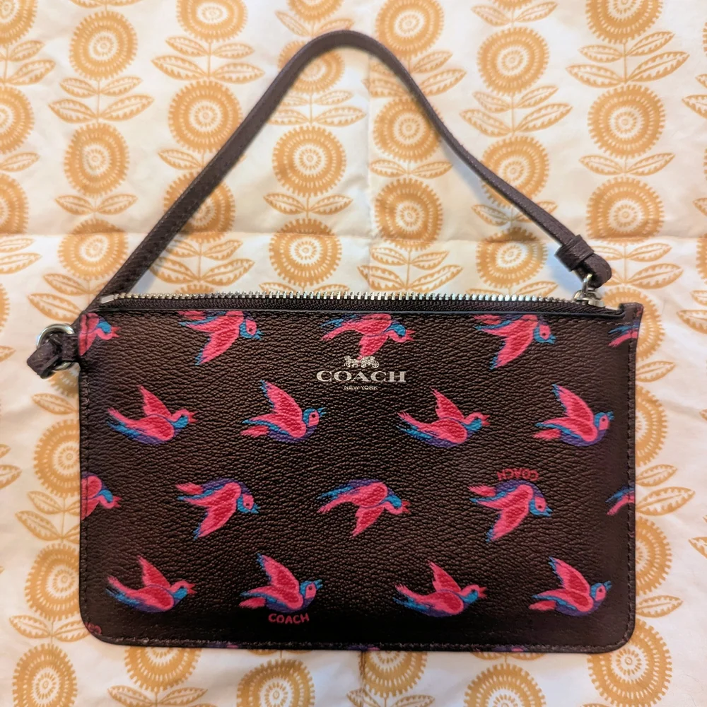 Coach Black Clutch with Pink Bird Design - Picture 1 of 1